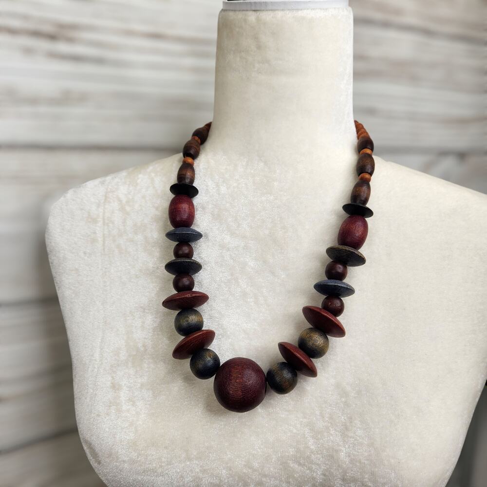 Vintage Bohemian Chunky Wooden Beaded Necklace Retro